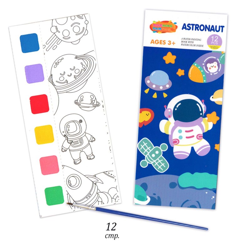 Набор раскрасок 12 в 1 &quot;Космос&quot; 8*19см, кисть + краски 