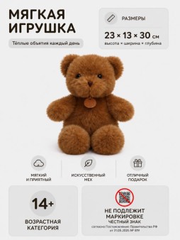 Мягкая игрушка "Мишка Тедди", коричневый (30см)