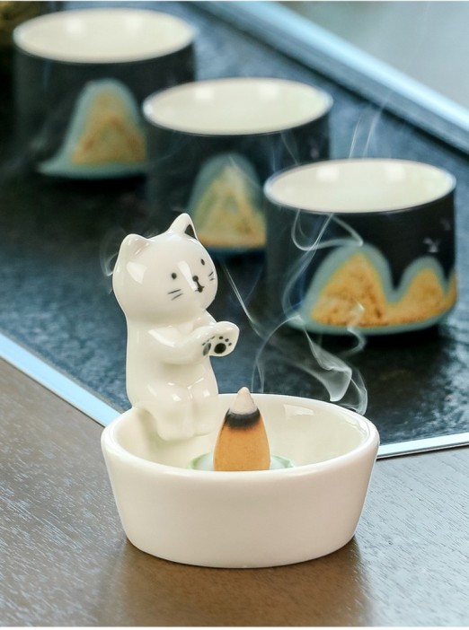 Подставка для благовоний керамическая &quot;Kitty warms&quot;, white (7,9 см) 