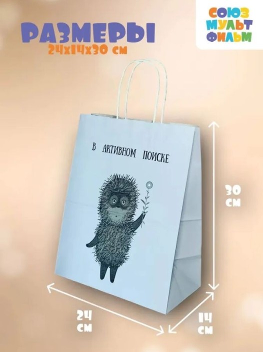Пакет подарочный «Ёжик в тумане. В активном поиске», белый (24*14*30) 