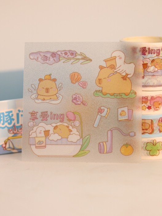 Набор декоративного скотча 4 шт. и стикеров 4 шт. &quot;Capybara&quot;, blue 