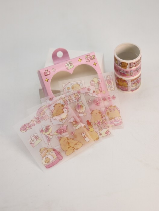 Набор декоративного скотча 4 шт. и стикеров 4 шт. &quot;Capybara&quot;, pink 