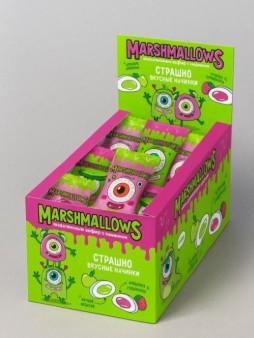 Зефир жевательный с начинкой "ГЛАЗА МОНСТРОВ", клубника и кислое яблоко (шоу-бокс 60 шт*5 гр