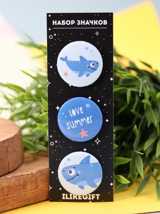 Набор значков 3 шт. iLikeGift Shark &quot;LOVE SUMMER&quot; 