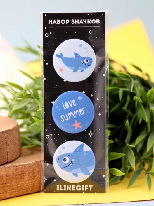 Набор значков 3 шт. iLikeGift Shark &quot;LOVE SUMMER&quot; 