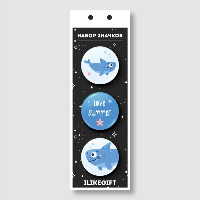 Набор значков 3 шт. iLikeGift Shark &quot;LOVE SUMMER&quot; 