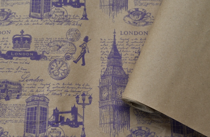 Крафт бумага &quot;Лондон&quot; фиолетовый цв. на коричневом фоне 70 см*8,5 ярд 