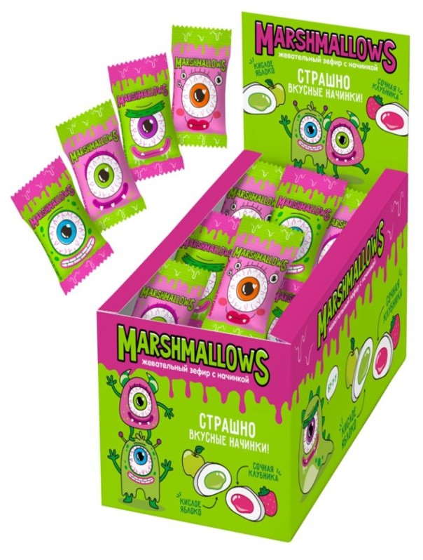 Зефир жевательный с начинкой, клубника и кислое яблоко, 5 гр ср.г. до 21.01.26 