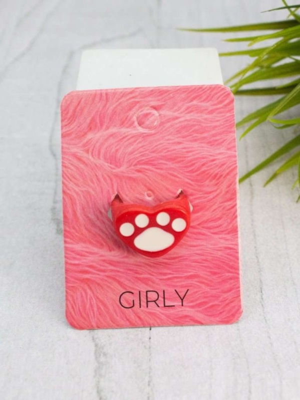 Кольцо акриловое GIRLY "Лапка в сердце", красное (d=1,7 см)