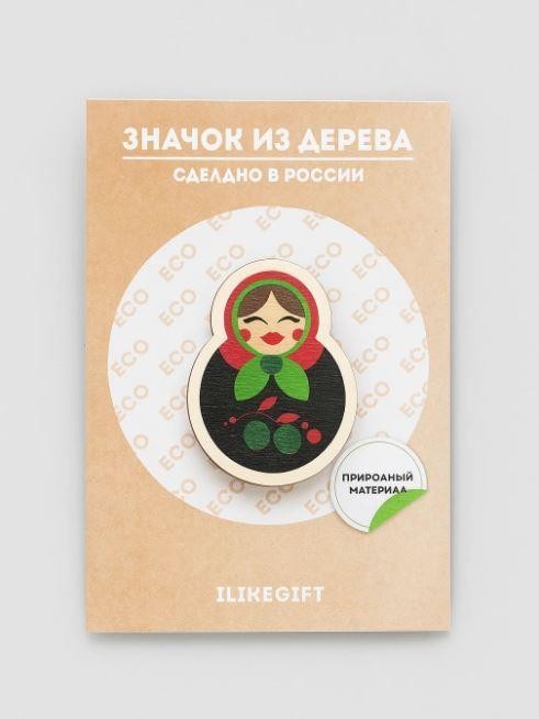 Значок ЭКО из дерева РУССКАЯ КУКЛА