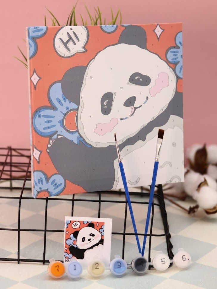Картина по номерам на подрамнике Draw Me! "Панда с цветком", (20*20 см)