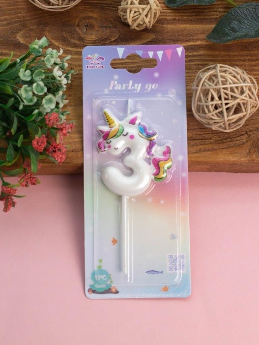 Свеча для торта &quot;Unicorn&quot; цифра 3, (6 см) 