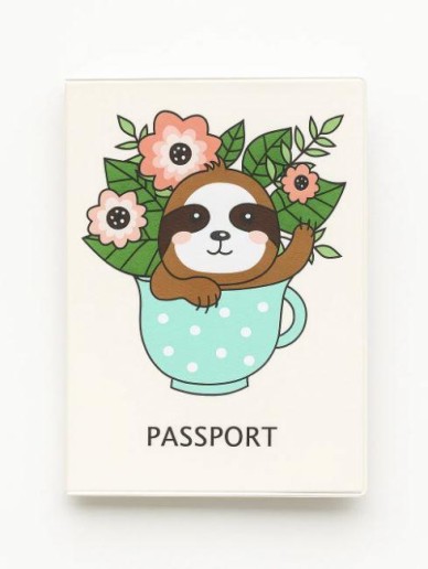ОБЛОЖКА ДЛЯ ПАСПОРТА "Sloth with flowers", плотность 600 мкм