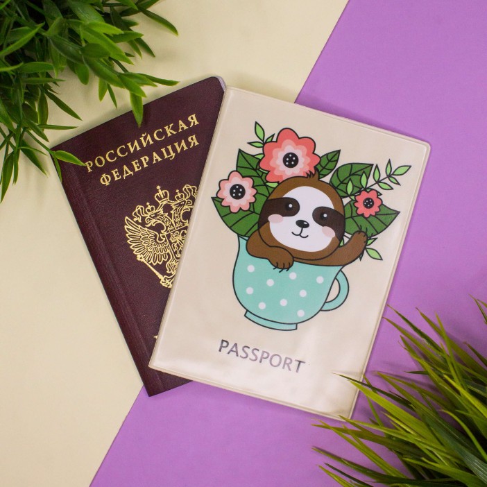 ОБЛОЖКА ДЛЯ ПАСПОРТА &quot;Sloth with flowers&quot;, плотность 600 мкм 