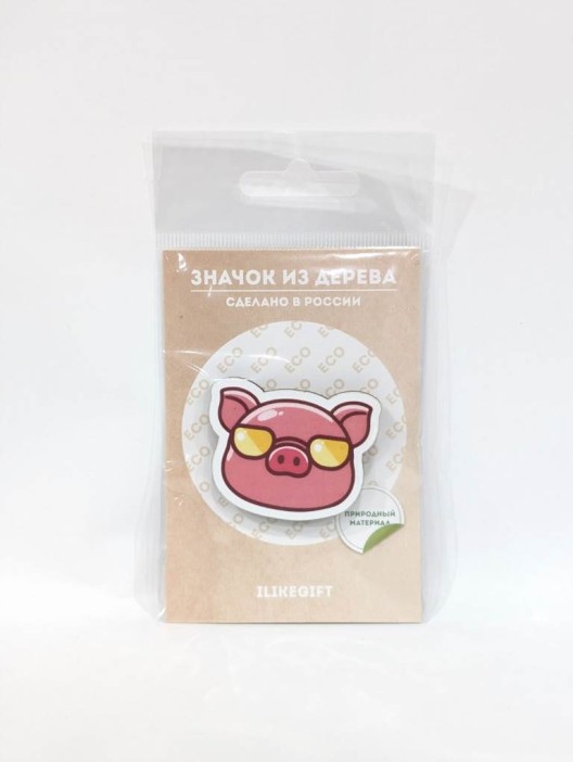 Значок ECO из дерева &quot;Cool pig with glasses&quot; 