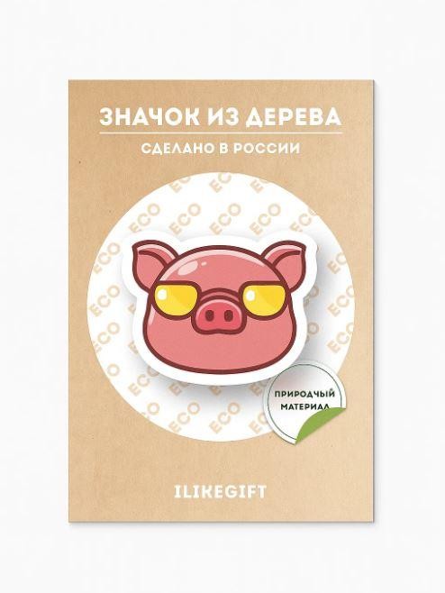 Значок ECO из дерева &quot;Cool pig with glasses&quot; 