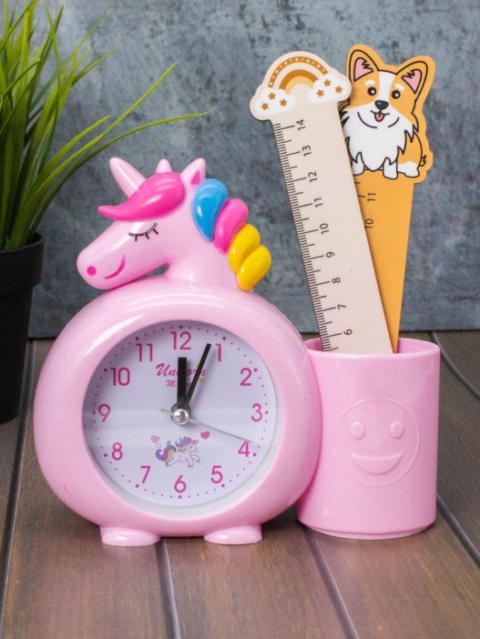 Часы-будильник с подставкой для канцелярии «Rainbow unicorn», pink (14х15 см) 