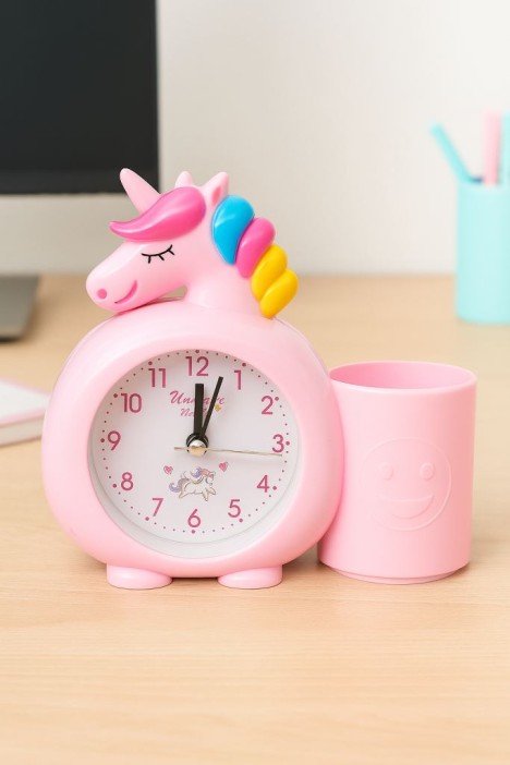 Часы-будильник с подставкой для канцелярии «Rainbow unicorn», pink (14х15 см) 