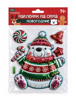 Наклейки на окна ПО-ПЛАНУ "Новогодний мишка", красные, 18*22,5 см