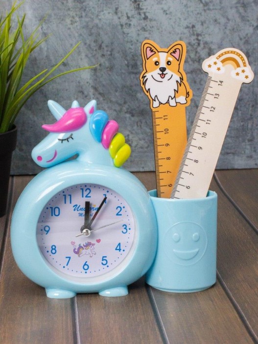 Часы-будильник с подставкой для канцелярии «Rainbow unicorn», blue (14х15 см) 