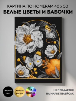 Картина по номерам с поталью 40х50 "БЕЛЫЕ ЦВЕТЫ И БАБОЧКИ" (13 цветов, чёрный холст)
