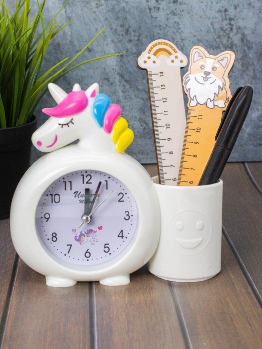 Часы-будильник с подставкой для канцелярии «Rainbow unicorn», white (14х15 см) 
