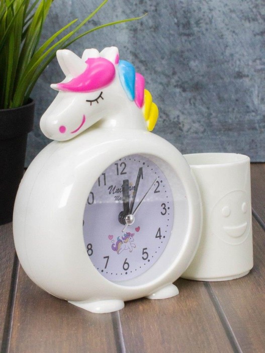Часы-будильник с подставкой для канцелярии «Rainbow unicorn», white (14х15 см) 