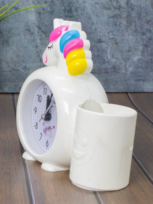 Часы-будильник с подставкой для канцелярии «Rainbow unicorn», white (14х15 см) 