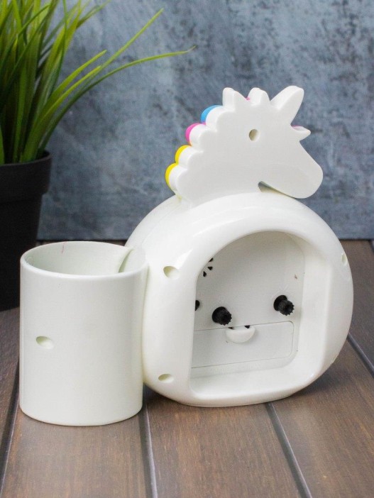 Часы-будильник с подставкой для канцелярии «Rainbow unicorn», white (14х15 см) 