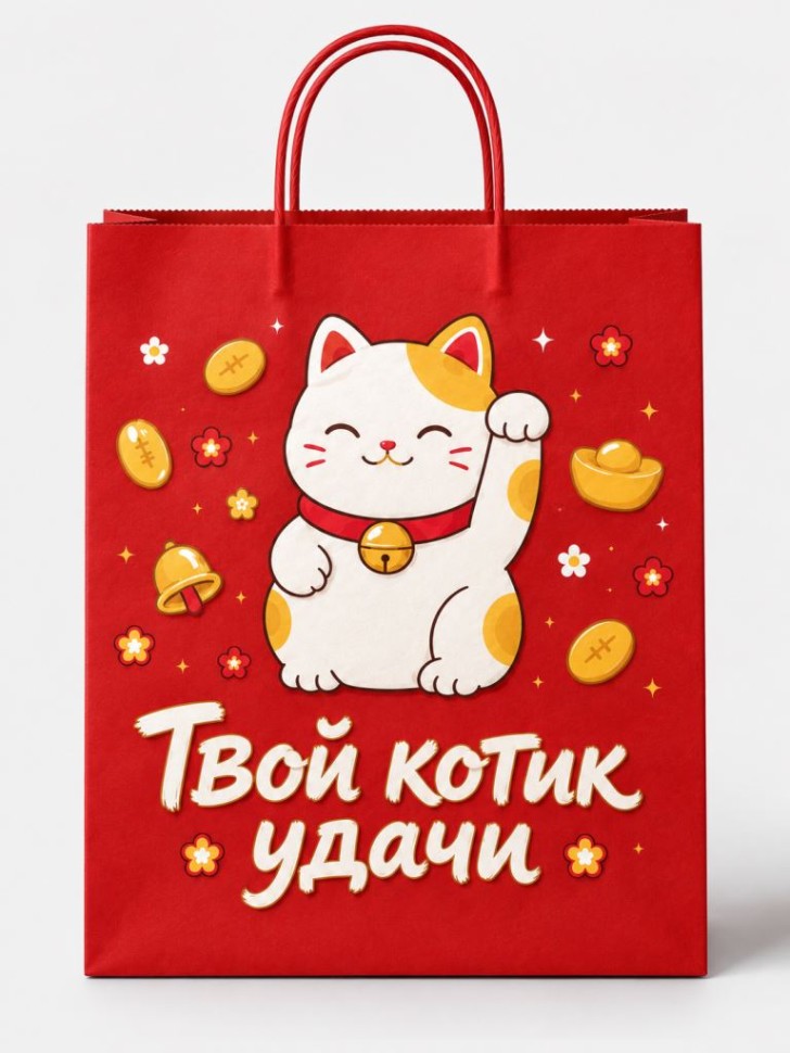 Пакет крафтовый Твой Котик Удачи, красный M (24*14 см)