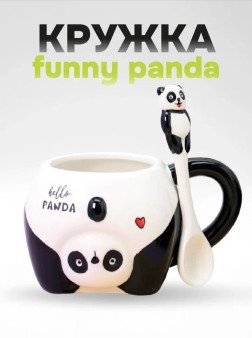 Кружка керамическая с ложкой «Funny panda», black (450 мл)