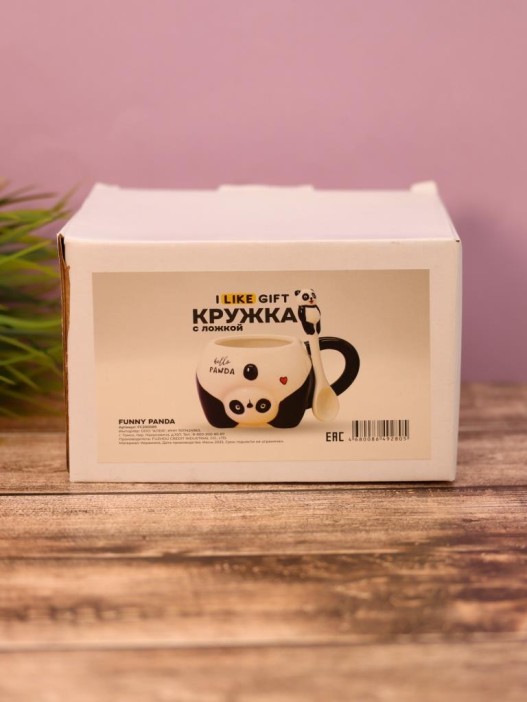 Кружка керамическая с ложкой «Funny panda», black (450 мл) 