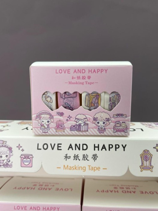 Набор декоративного скотча 4 шт. "Love and happy", pink (1.5см*2м) 