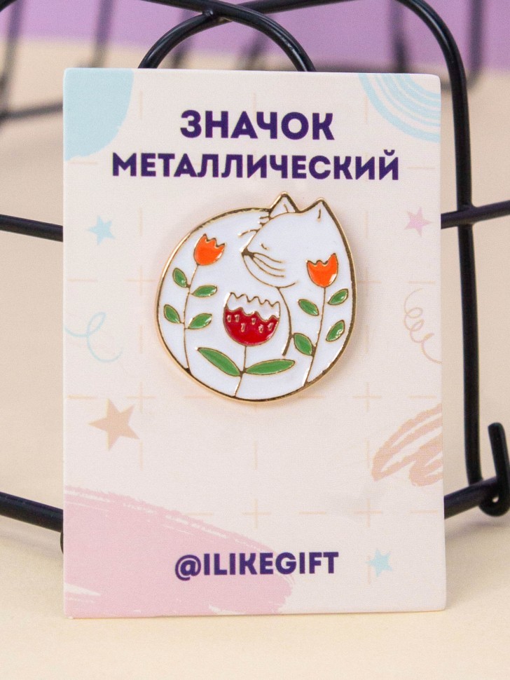 Значок металлический iLikeGift "Котик с цветами"