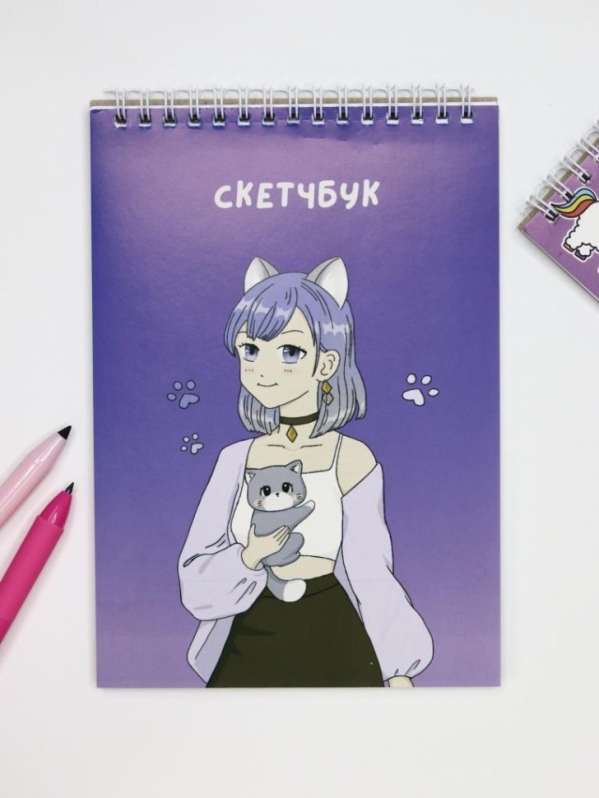 Блокнот для зарисовок Аниме "Милая девочка с кошкой", 14х20 см, плотность 100 гр