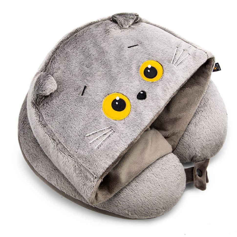 Мягкая игрушка "Кот Басик подушка на шею с капюшоном"