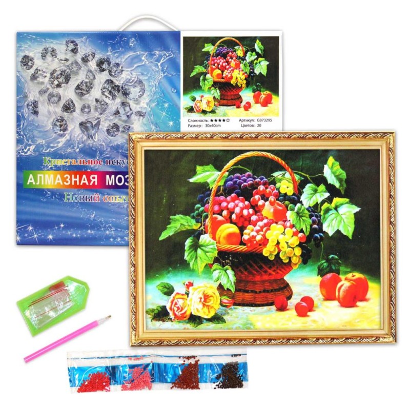Алмазная мозаика "Фрукты в корзине", полная выкладка, на подрамнике, 30*40 см 