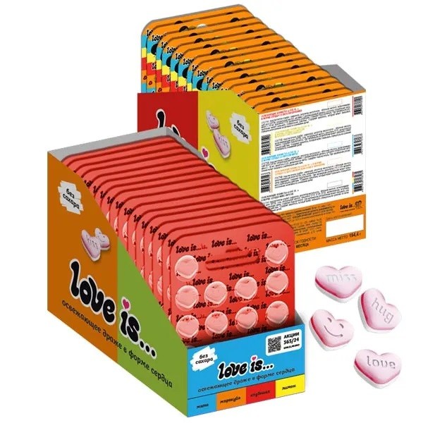 Освежающие конфеты &quot;LOVE IS...&quot; в форме сердца, со вкусом клубники, 18шт, в блистере 