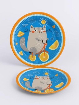Набор бумажных тарелок 6 шт. "Кот на вело-апельсине", в т/у пленке (d=180 мм)