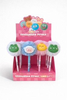 Ручка шариковая с помпоном "Пушистики" микс, шоубокс iLikeGift 16 шт.