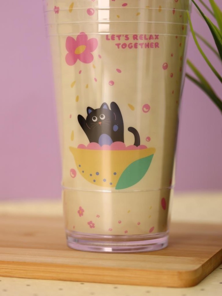 Тамблер iLikeGift "Котик и лимон",  жёлтый (450 мл)