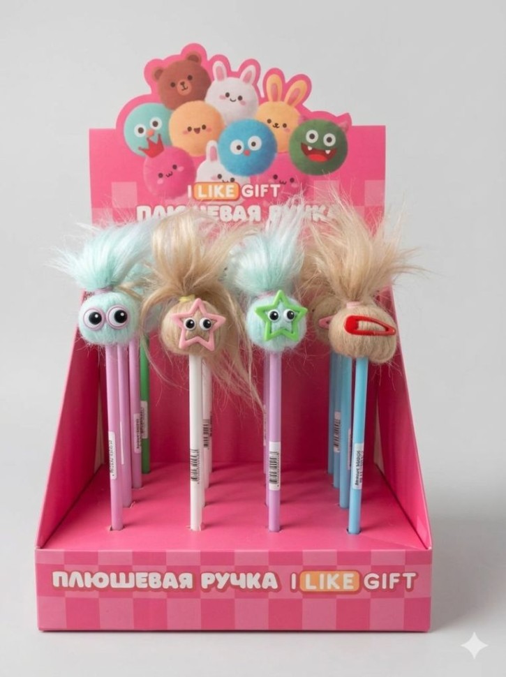 Ручка шариковая с помпоном "Звездный хвост" микс, шоубокс iLikeGift 16 шт.