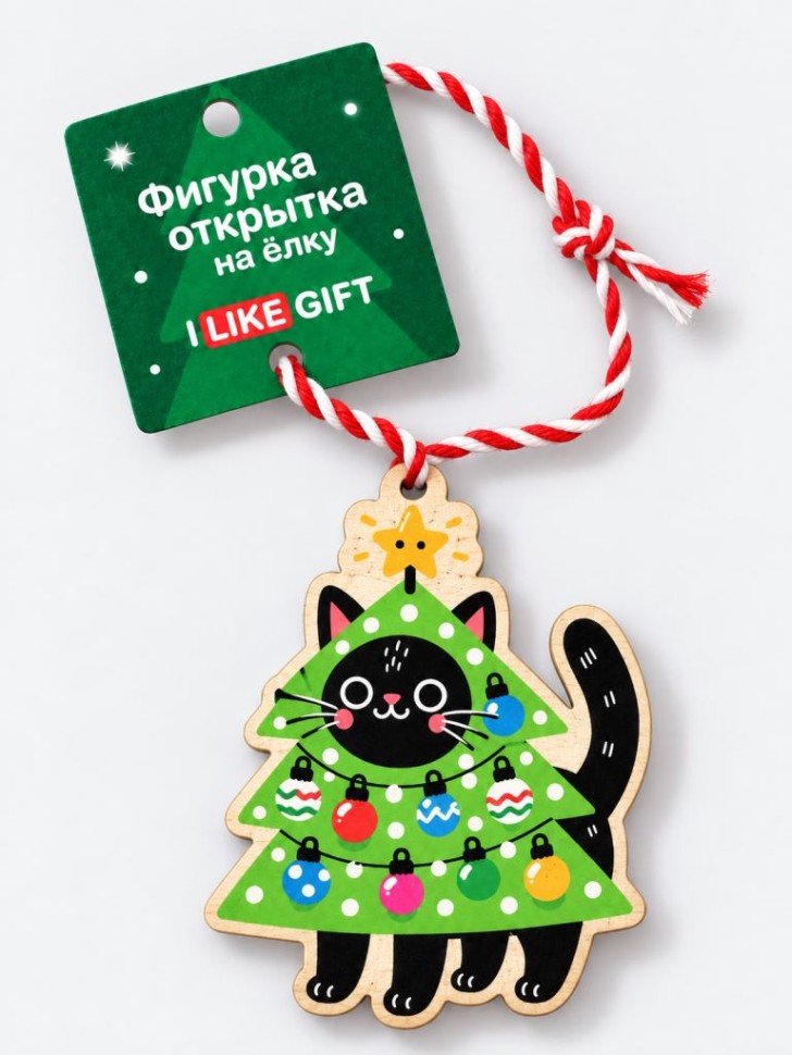 Фигурка-открытка на ёлку деревянная iLikeGift "Котик-ёлочка", зелёная, 9,5*7 см