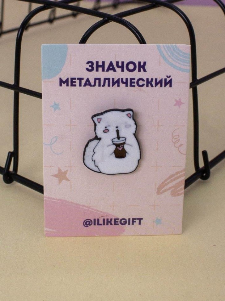 Значок металлический iLikeGift "Белый кот с кофе"