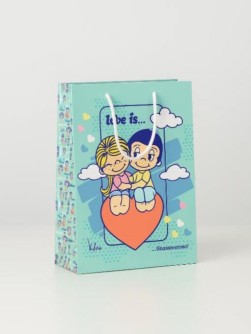 Пакет подарочный L 22*31*10см "Love is. Большой мятный с розовым"