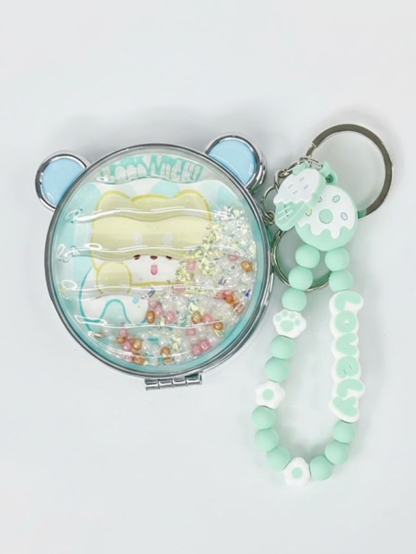 Раскладное зеркало-шейкер с брелоком "Corgi sweets", зеленое (7*7 см) 