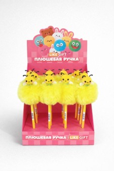 Ручка шариковая с помпоном "Биипуфф" желтая, шоубокс iLikeGift 16 шт.