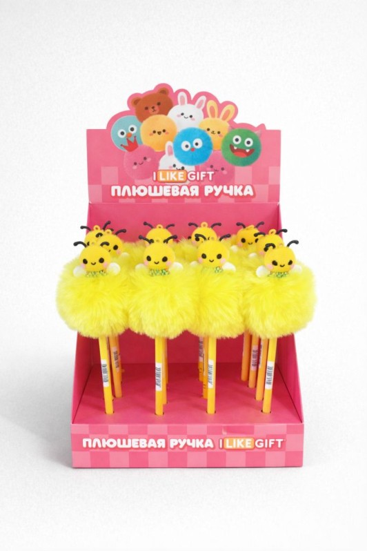 Ручка шариковая с помпоном "Биипуфф" желтая, шоубокс iLikeGift 16 шт. 
