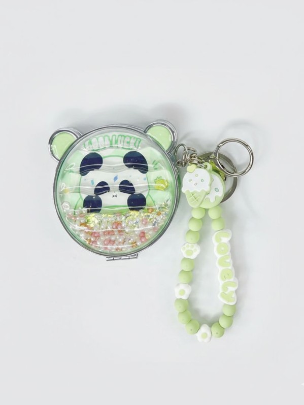 Раскладное зеркало-шейкер с брелоком "Panda sweets", зеленое (7*7 см) 