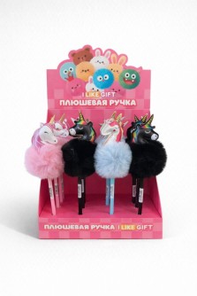 Ручка шариковая с помпоном "Единопуфф" микс, шоубокс iLikeGift 16 шт.